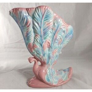 Royal Haeger R-712 Seated Peacock Fan Vase Mauve Agate Art Pottery c. 1950s-60s